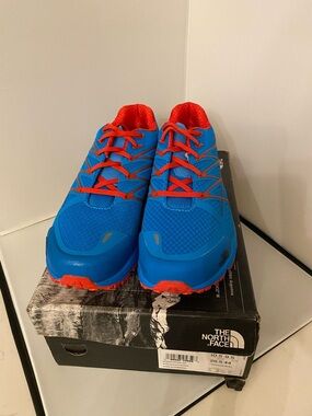 The North Face Ultra Endurance Blue/Red Men's Trail Running Shoes, size 10.5